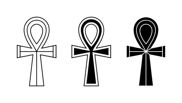 Ancient Egyptian Ankh Symbols, Life Key Iconography, Hieroglyphic Cross Designs, Black and White Vector Graphics