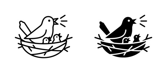 Obraz premium Bird Family Nest Icons: Mother Bird Feeding Chicks, Simple Line Art and Silhouette Vector Graphics for Nature and Family Themes
