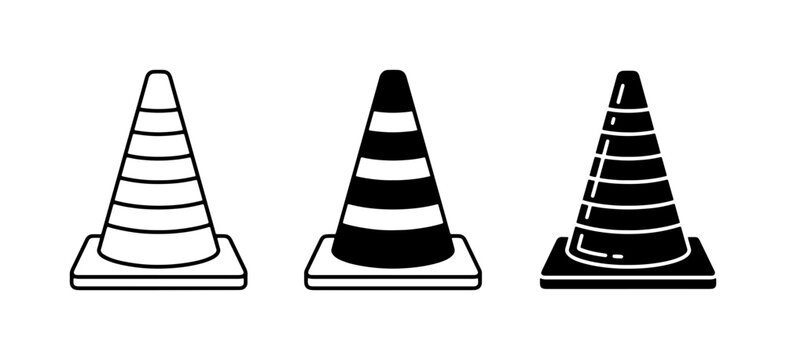 Traffic Cones Set: Safety Warning Symbols, Construction Barriers, Roadwork Markers, Black and White Icons