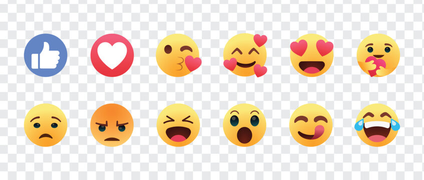 Social Media Emotional Reaction Icons Set, Like Love Heart Care Wow Haha Sad Angry Emoji Symbols for Online Engagement Interface Vector Illustration