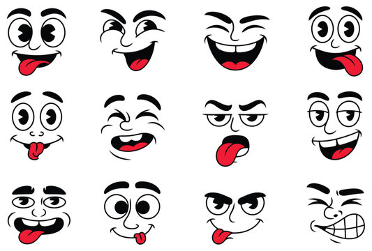 Happy faces expressions cartoon caricatures vector illustration kit with funny mouths and eyes emotions joy design elements