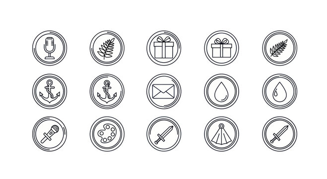 Set of stylized icons in circles: microphone, plant, gift, anchor, envelope, drop, sword