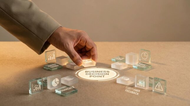Individual's hand placing a glass block with a business point to illustrate data driven decision making concepts