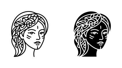 Tribal Woman Portrait Vector Icons, Ancient Warrior Face Illustration, Ethnic Female Head Symbol, Black and White Line Art Graphics © Md