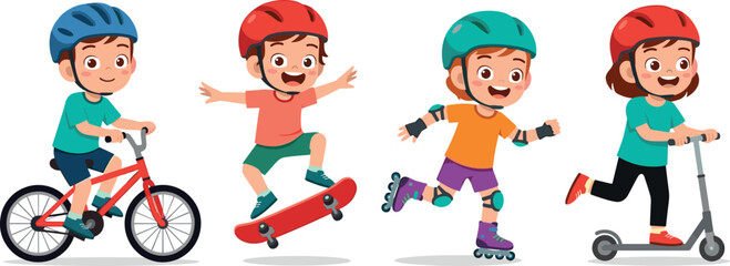 Active Kids Character Set Wearing Helmets Riding Bicycle Skateboard Roller Skates and Scooter for Childrens Sports Safety Promotion and Healthy Outdoor Lifestyle Graphic Illustrations