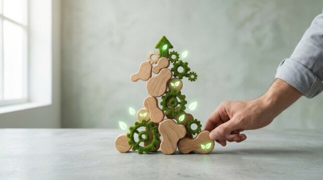 Person placing a wooden christmas tree into a conceptual framework of green growth and sustainable holiday celebrations