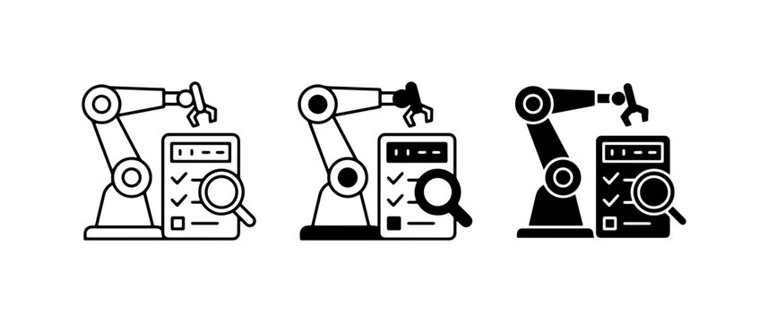 Robotic Arm Automation Icons, Industrial Robot Inspection, Quality Control Checklist Vector Set
