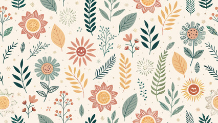Fototapeta premium Seamless pattern with handdrawn flowers, leaves, and botanical elements in a rustic, bohemian style cute floral design for spring and summer