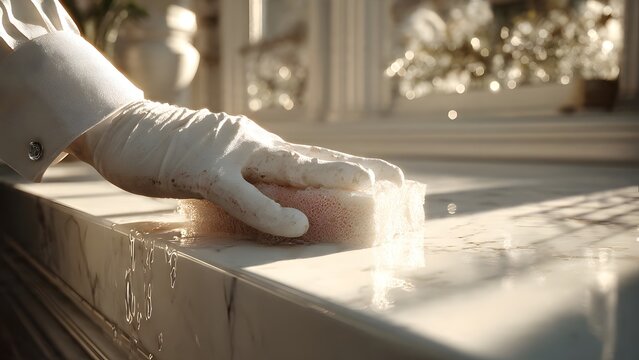 Hand cleaning brass sink tap with nitrile gloves and soapy water, warm light.