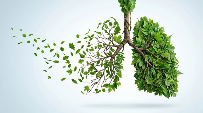 Green leaves growing inside a lung symbolizing clean air health and nature's connection to human well being with a minimalist background