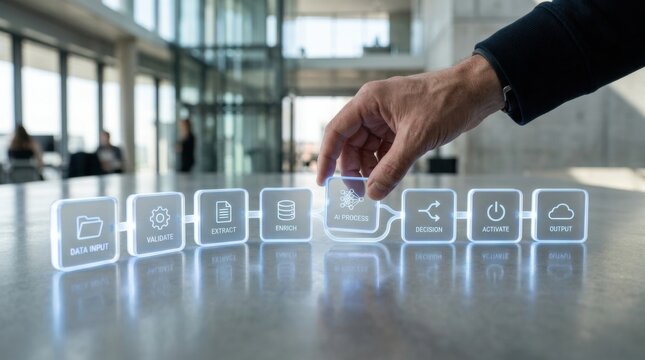 A close-up of a person's hand pressing a button on a table in a minimalistic workspace environment