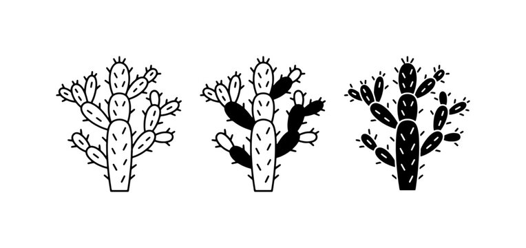 Prickly Pear Cactus Icons, Desert Plant Vector Graphics, Silhouette and Outline Styles, Botanical Illustration Set for Nature and Summer Themes
