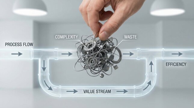 Hand holding metal and wire balls connected to flow of water symbolizing lean operations framework concept