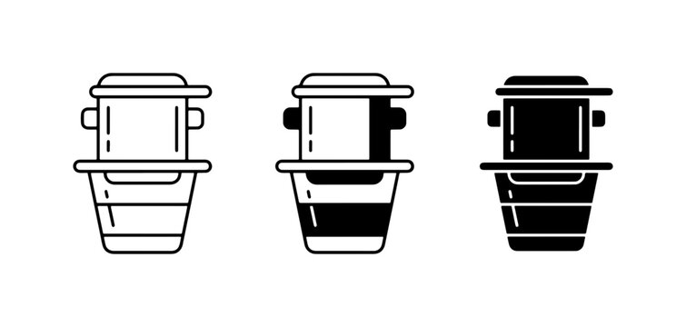 Vietnamese Coffee Filter Icons, Phin Brew Method Symbols, Minimalist Coffee Maker Graphics, Black and White Beverage Preparation Illustrations