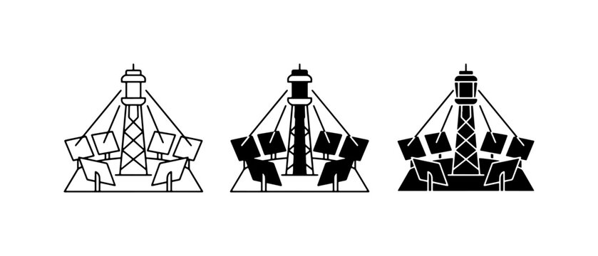 Solar Power Tower Icons, Concentrated Solar Power Technology Symbols, Renewable Energy Vector Graphics