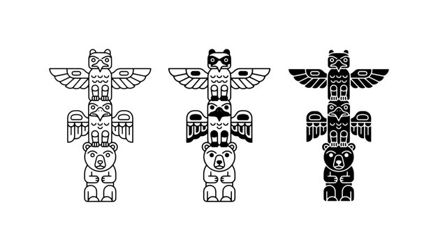 Indigenous Totem Pole Vector Icons, Native American Art Symbols, Tribal Heritage Illustrations, Cultural Heritage Symbols, Black and White Graphics