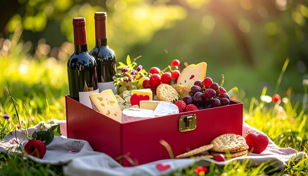 Sunny picnic in green grass with a red box filled with wine, cheese, grapes, crackers, and other snacks