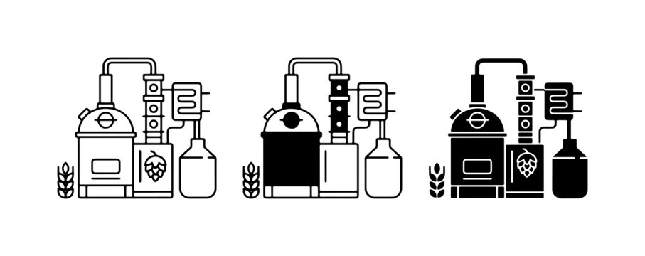 Distillery Equipment Icons, Alcohol Production Setup, Craft Beverage Manufacturing Process, Brewing Still Vector Graphics