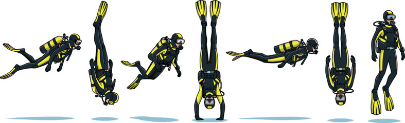 Professional Scuba Diver Character Set in Black and Yellow Wetsuit Performing Various Underwater Maneuvers Including Swimming Diving and Floating for Marine Exploration Designs © hery69