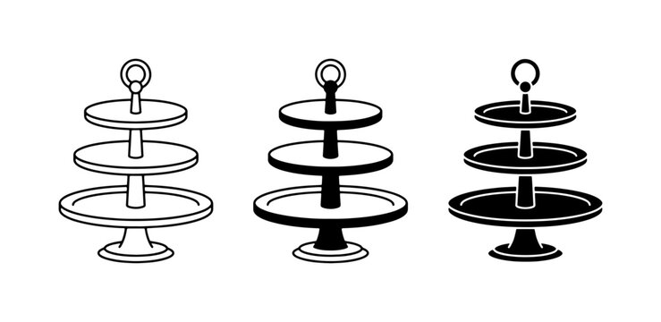 Tiered Serving Stands, Three-Tiered Cake Stands, Dessert Display Platters, Elegant Partyware Vector Icons