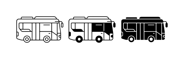 Naklejka premium Bus Icons Set, Public Transport Vector Graphics, City Commute Vehicle Illustrations, Modern Transportation Symbols