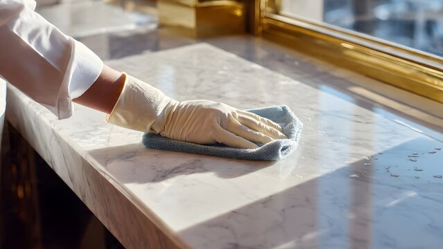Male janitor cleaning marble counter with nitrile gloves and microfiber cloth.