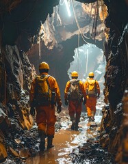 Fototapeta premium Miners walk through a dark, wet tunnel