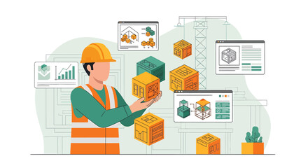 Fototapeta premium Construction worker planning building project with digital blueprints and models.