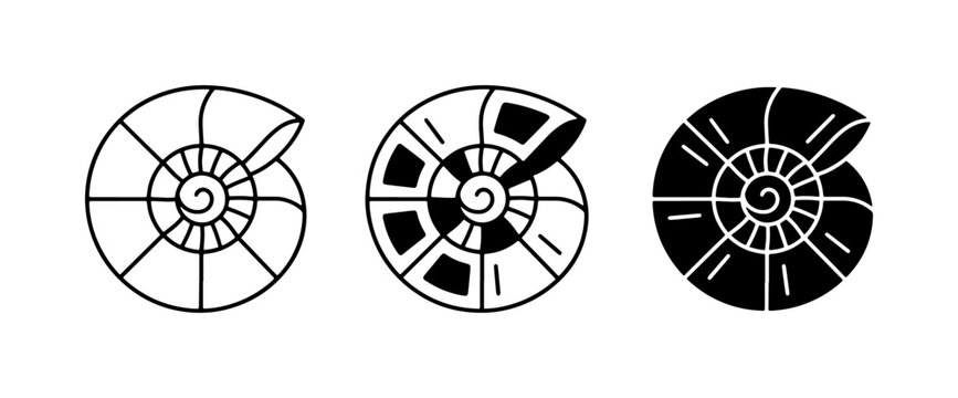 Ammonite Fossil Icons, Ancient Nautilus Shell Vector Graphics, Paleontology Symbols Set