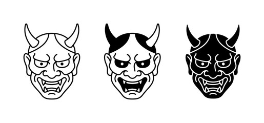 Fototapeta premium Japanese Oni Masks, Demon Faces, Folklore Characters, Traditional Art, Vector Icons, Cultural Symbols, Black and White Designs