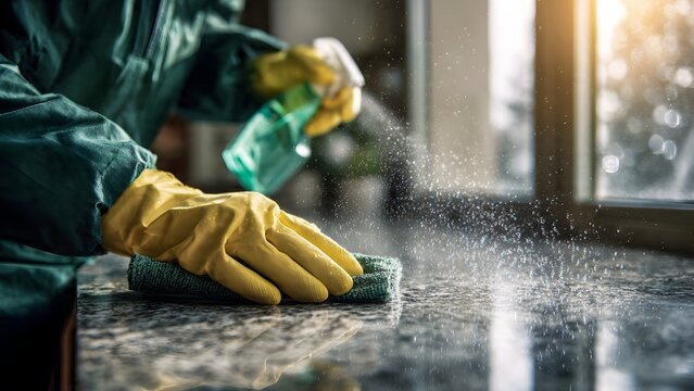 Male janitor cleaning stainless counter with yellow gloves and bleach spray.