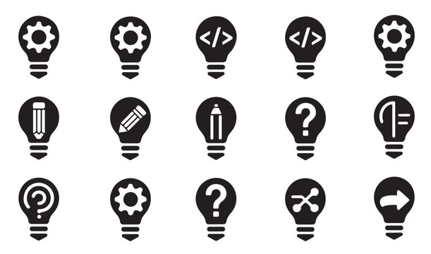 Educational lightbulb icon collection with diverse symbols for learning and coding design.
