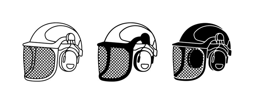 Protective Forestry Helmet Set, Safety Gear Icons, Chainsaw Operator Headwear, Ear Protection, Face Shield Vector Graphics
