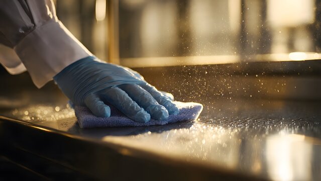 Male janitor cleaning stainless counter with nitrile gloves and disinfectant spray.