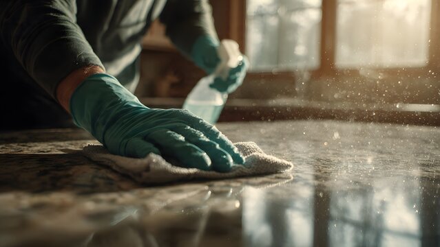Male janitor cleaning stainless counter with yellow gloves and bleach spray.