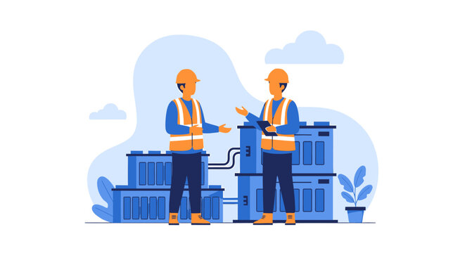 Two construction workers discussing plans at a building site.