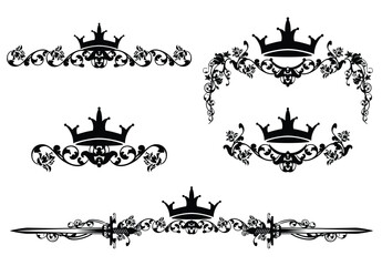 Fototapeta premium fairy tale royal crown and rose flowers black and white vector calligraphy page divider silhouette design set for fantasy medieval style