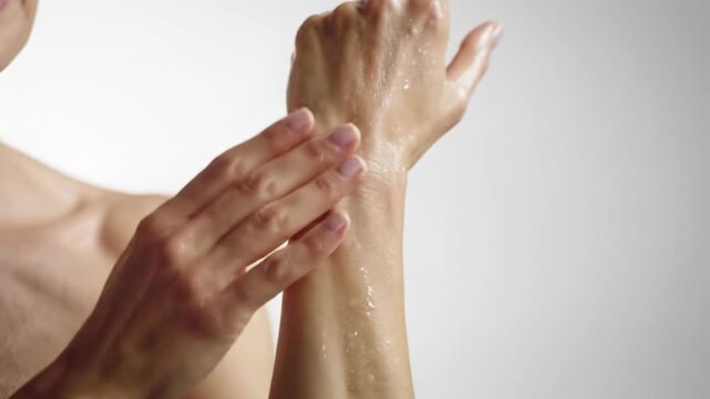 Close-up of elegant hands massaging translucent serum onto supple, radiant skin. Creamy bokeh on a white studio wall, soft lighting, self-care and luxury concept