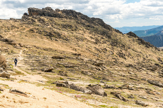 Canada, BC, Keremeos.  Cathedral Provincial Park.  A lone hiker on the Rim Trail winding through glacial till at 2,500 meters (8,200 feet) elevation