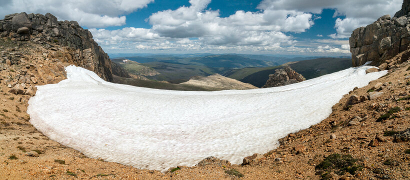 Canada, BC, Keremeos. Cathedral Provincial Park.  A minor glacier recedes high atop the Cascade Mountains.  