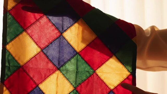 Hand touching colorful rhombus pattern fabric, geometric textile with warm light, textile design and craft background