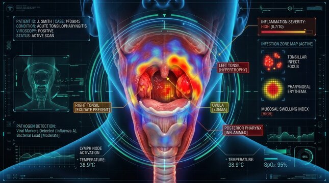 A medical scan image displays a detailed view of a patient's throat and neck.