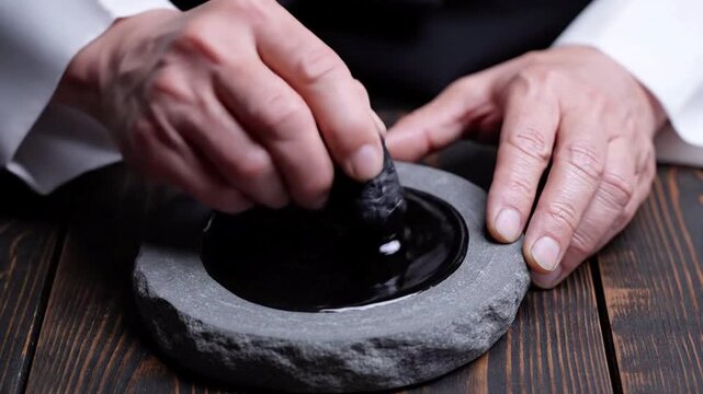 A person grinds black ink in a stone mortar with a pestle, preparing traditional calligraphy ink, an artful and cultural process