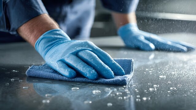 Male janitor cleaning laminate counter with blue gloves and bleach spray.
