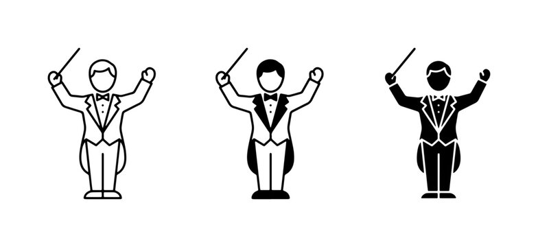 Orchestra Conductor Icons, Music Maestro Symbols, Classical Performance Art, Baton Waving Figures, Set of 3 Vector Illustrations