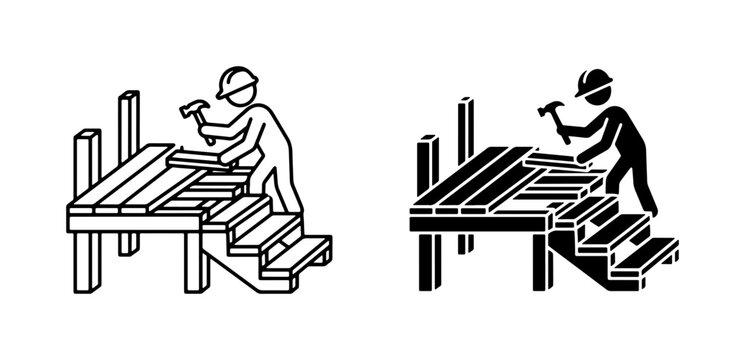 Construction Worker Building Deck Stairs, DIY Home Improvement, Carpentry Icon Set, Woodworking Project, Outdoor Renovation