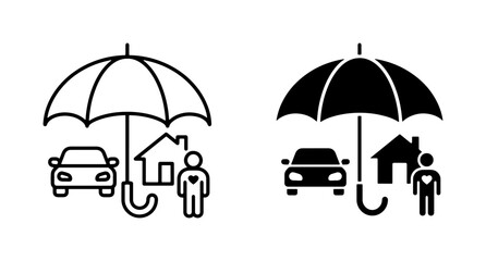 Insurance Icons Set, Protection Symbols for Car, Home, and Life, Vector Graphics for Safety and Security Concepts, Black and White Line Art and Solid Fill Styles © Siyam