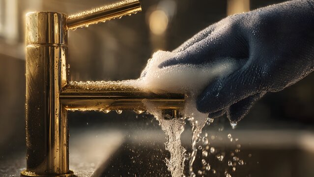 Realistic photo, horizontal, hand cleaning brass sink tap with nitrile gloves and soapy water, under warm undercabinet light, from close-up, detailed water drops, photorealistic.