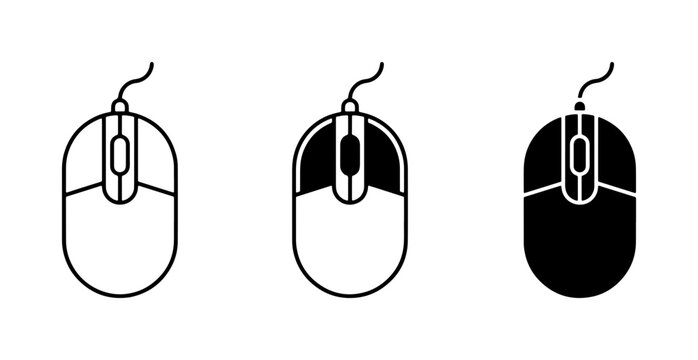 Computer Mouse Icons Set, Vector Graphics for Technology and Digital Concepts, Simple Outline and Solid Fill Designs