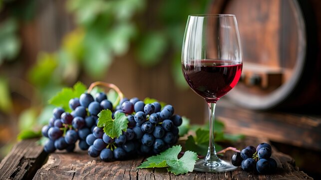 A glass of red wine and fresh grapes on a wooden table surrounded by barrels in a wine cellar